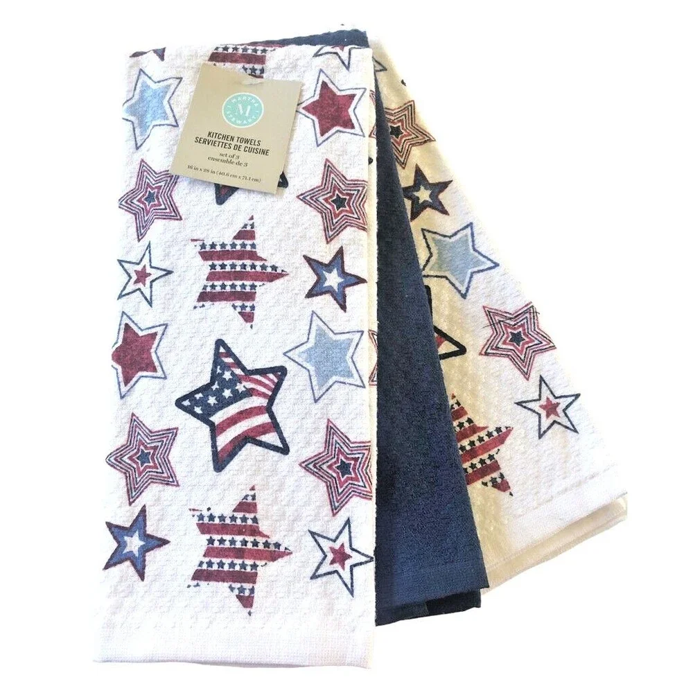Martha Stewart Kitchen Dish Towels Set Of 3 Red White Blue Stars July 4th 16X28